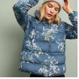 Anthropologie Floral Blue Puffer Jacket